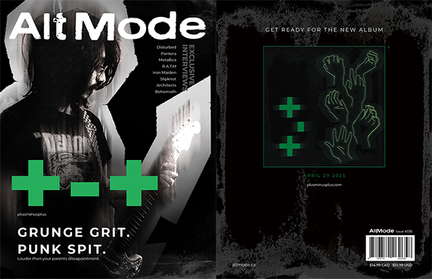 The front and back of a magazine with the image a man holding a guitar on the front cover of a magazine. The man is wearing a black shirt and appears to be playing the guitar. The magazine is titled 
                                    Alt Mode, and the cover is designed with a black and green colour scheme. The back cover displays text saying Get ready for the new album with album artwork underneath.