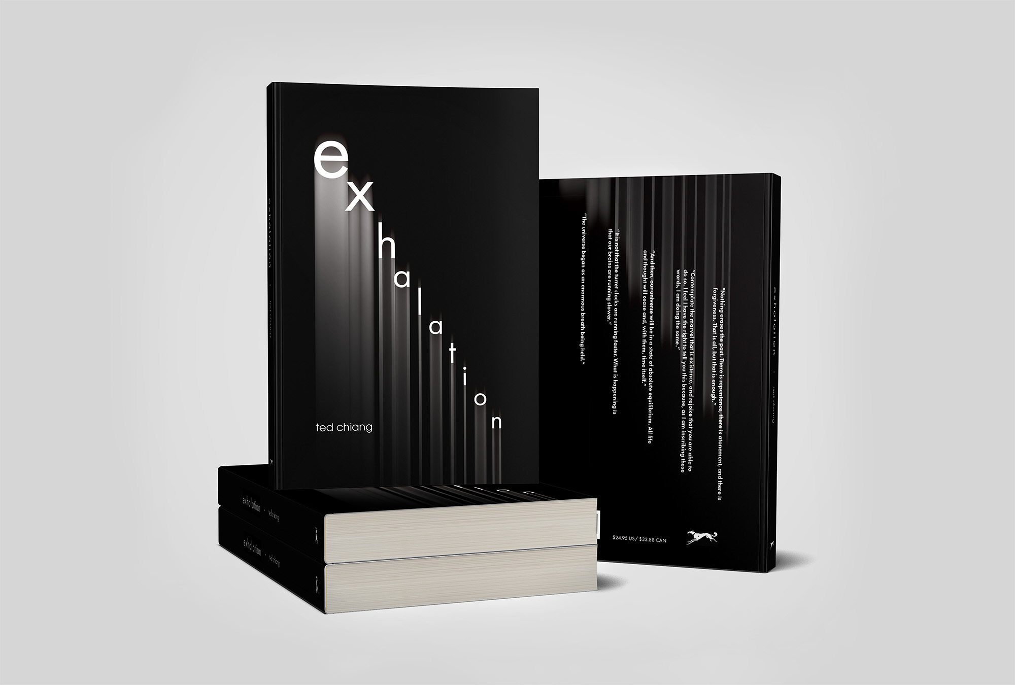 The image shows a photo of 3 books which are all Exhalation by Ted Chiang. The black cover features the title exhalation vertically in a minimalist white sans-serif font, with the letters getting smaller as they get farther to the right, the letters are positioned diagonally going down. The author's name Ted Chiang is positioned horizontally below. The back cover includes a summary and author blurbs. A photo and bio of Ted Chiang are on the right panel. The design is clean, modern, and emphasizes the thought-provoking nature of the stories.