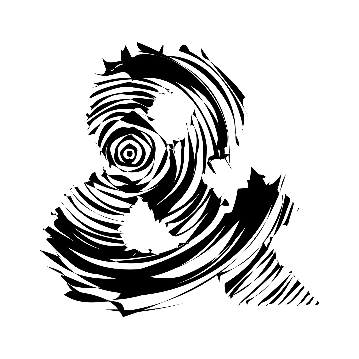 This image is a stylized, abstract rendering of an ampersand symbol. It is depicted in black against a white background. The ampersand's form is created using swirling, irregular black lines that give it a dynamic and textured appearance. There are some white gaps within the black areas, further contributing to the abstract feel. The overall style is bold and graphic.