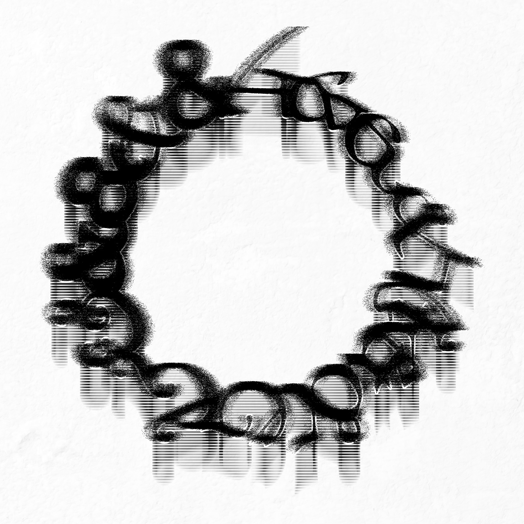 This image shows different versions of ampersand symbols arranged in a circular shape. The ampersands are rendered in a textured, stylized black, with horizontal lines creating this effect. They form a ring against a white background.