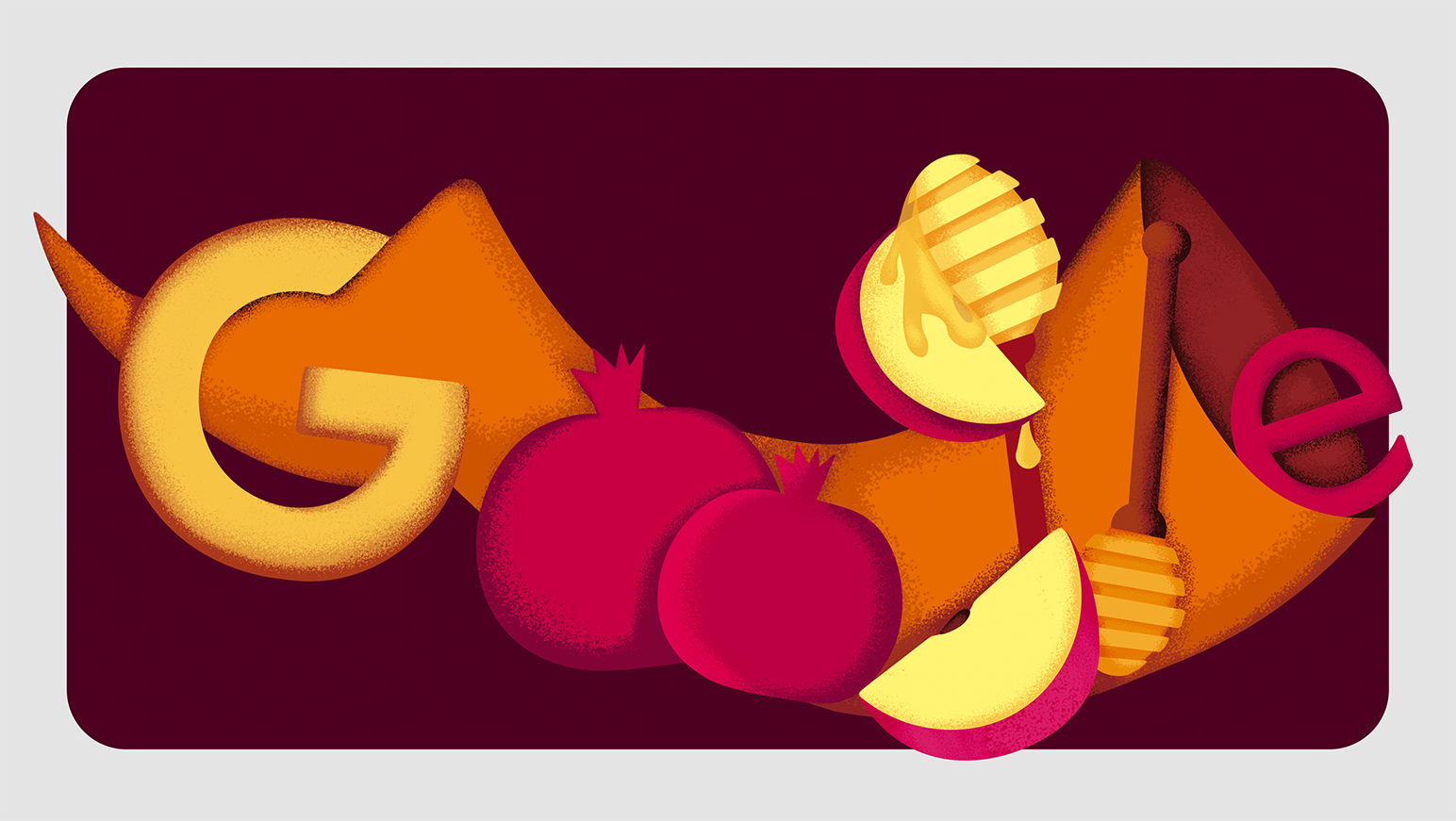 This image is a Google Doodle. The letters of Google are stylized with a warm colour palette of orange, yellow, and red. The letters are interspersed with illustrations of pomegranates, slices of apples dripping with honey, and a honey dipper. There is also a large orange horn behind the letters. The background is a deep maroon colour.