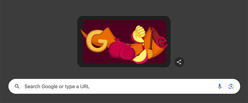 This image shows a Google search page. At the top is a Google Doodle with stylized letters spelling Google incorporating illustrations of pomegranates honey-dripping apple slices and a honey dipper all in warm orange yellow and red tones against a maroon backdrop. Below the Doodle is a search bar with the prompt Search Google or type a URL and icons for voice search and Google Lens. To the right of the Doodle is a share icon. The background of the page is dark grey.