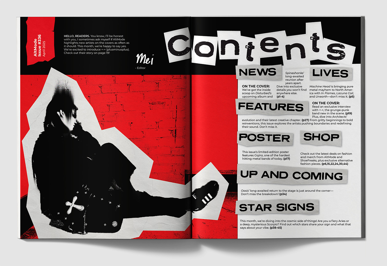 The image is a magazine cover that features a person sitting. The cover is red and black, with the person's image taking up a significant portion of the cover. The magazine is open to a page that contains various content sections, such as news, lives, features, and posters. The layout of the magazine is designed to showcase different articles and sections in a paper cut out punk style.
