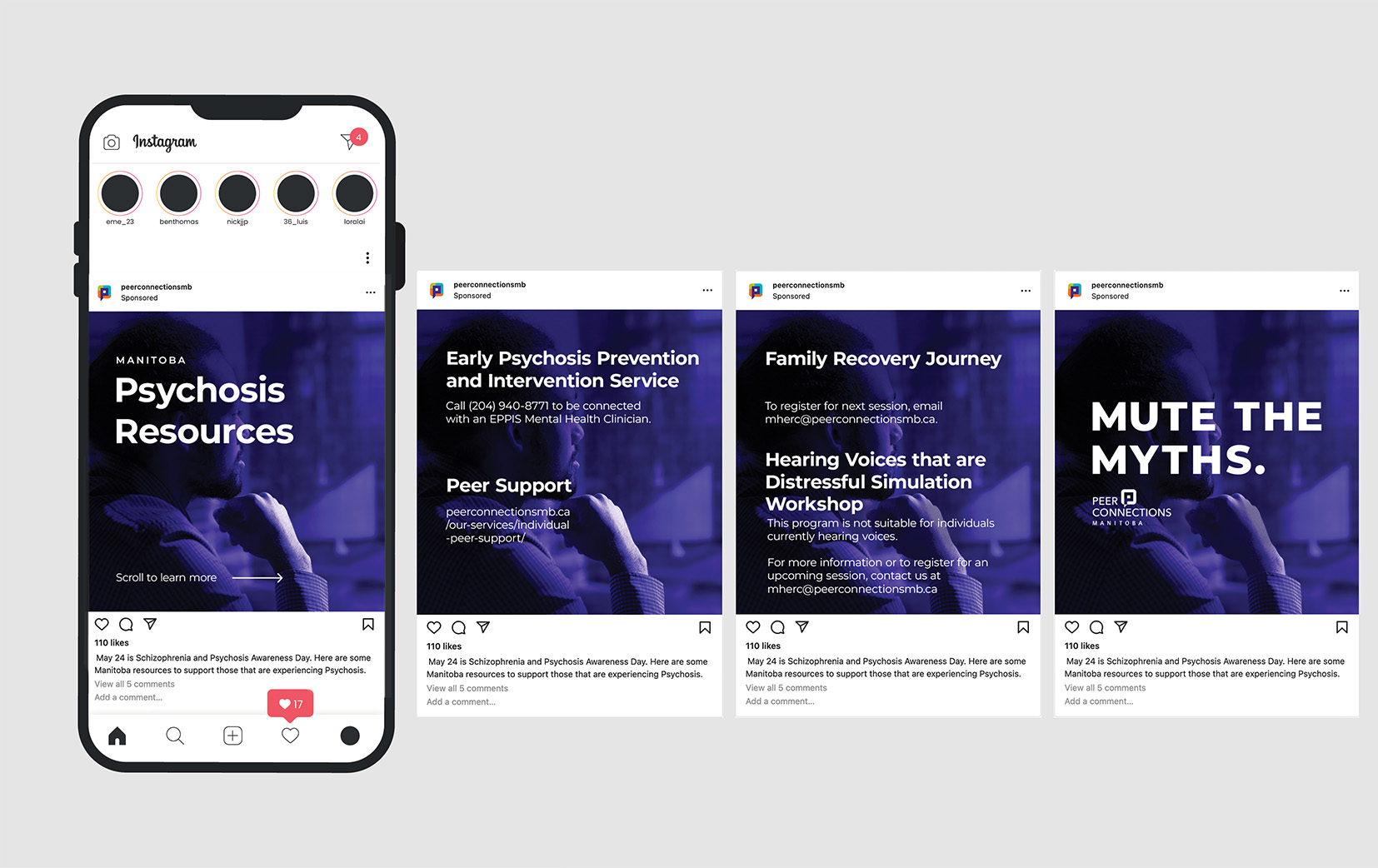 This image shows four Instagram posts displayed on a mobile phone screen. The posts promote mental health resources and include titles such as MANITOBA Psychosis Resources, Early Psychosis Prevention and Intervention Service, Family Recovery Journey, and MUTE THE MYTHS.