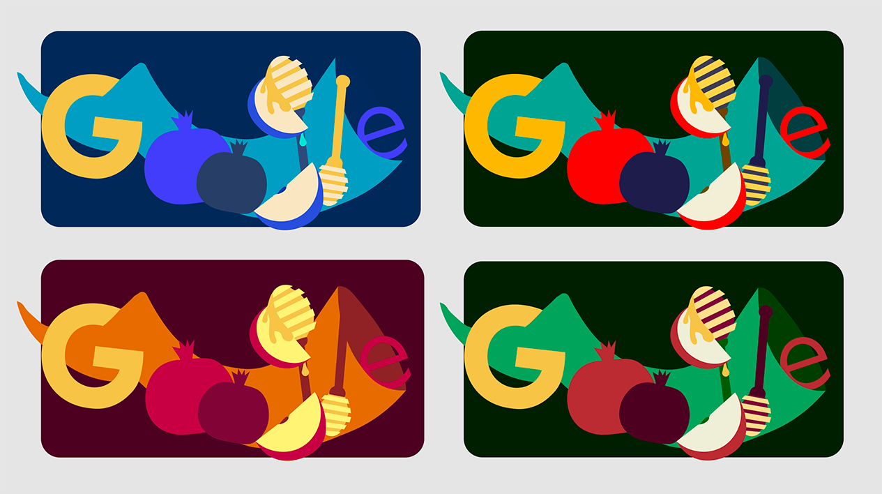 This image presents four variations of a Google Doodle. Each version features the stylized letters of Google, incorporating illustrations of pomegranates, honey dippers, and apple slices. The colour palettes vary across the four designs, using combinations of blue, green, red, orange, and yellow against different backgrounds.