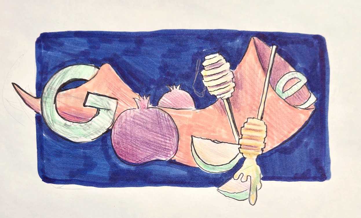 This image is a colourful marker sketch of a Google Doodle. The letters of Google are stylized and include illustrations of a pomegranate, a honey dipper, and apple slices. The colours are warm, primarily orange, yellow, and red, against a dark blue background.