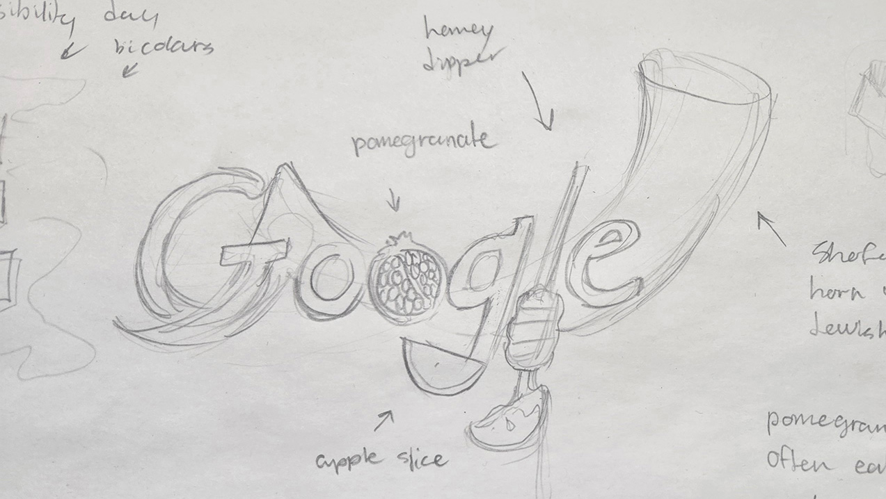 This image is a pencil sketch on white paper for a Google Doodle concept. It shows the outlined letters of Google with sketches of a pomegranate, honey-dripping apple slices with a dipper, and a shofar. Handwritten labels identify each element. Additional notes related to the theme are visible. The sketch explores ideas for a Rosh Hashanah Google Doodle.