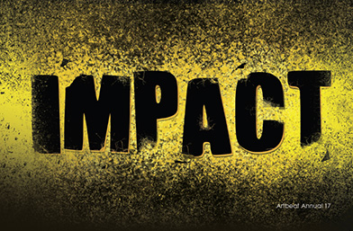 A book front cover with the word IMPACT in large, black, block letters against a textured yellow and black background. The text Artbeat Annual 17 is visible in the lower right corner.