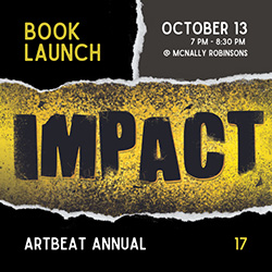 A social media post for a book launch. The words BOOK LAUNCH are at the top, followed by the date and time of the evemt. The word IMPACT is displayed prominently in the center, and ARTBEAT ANNUAL 17 is at the bottom. The background is a textured combination of black and yellow.