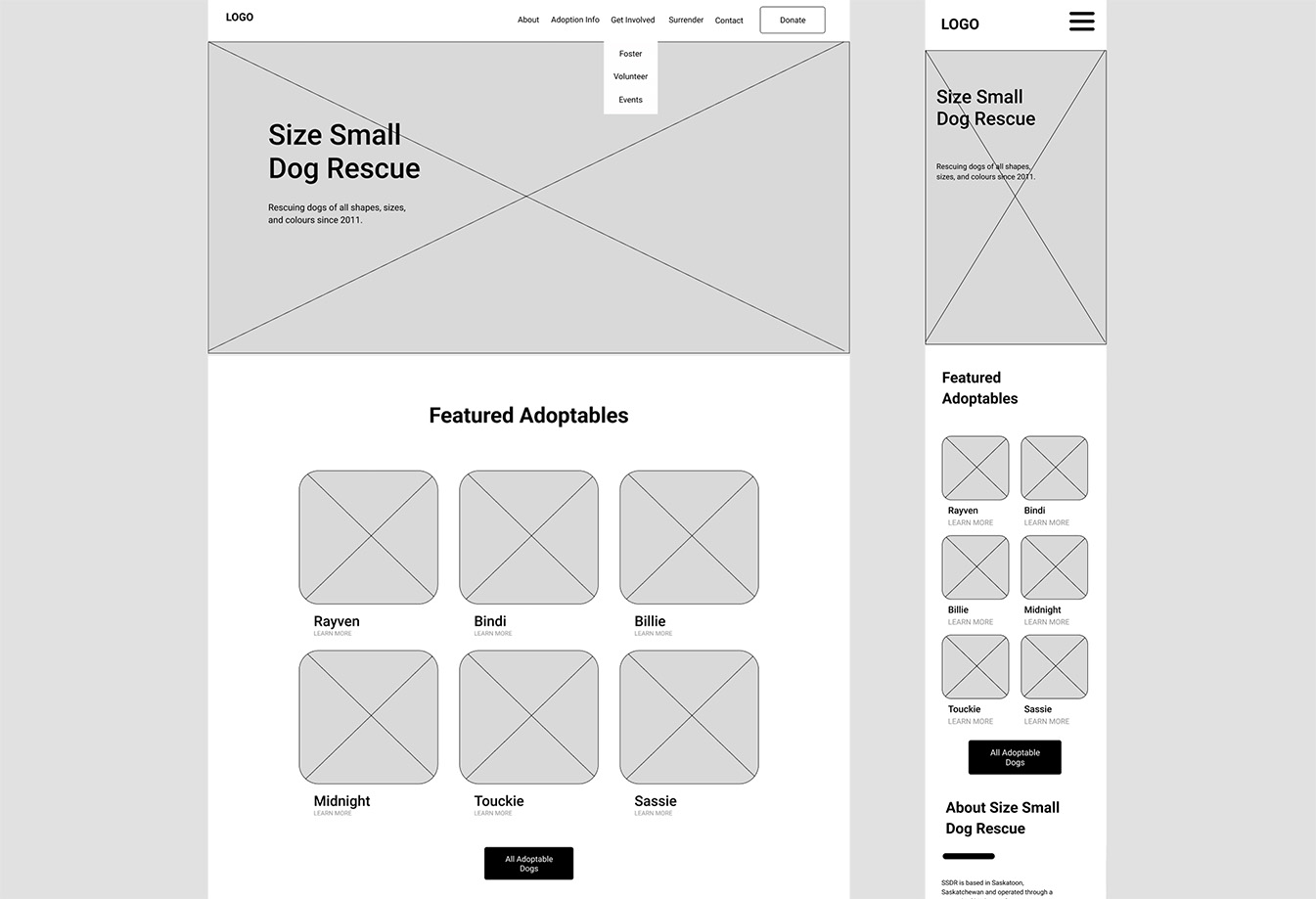 Wireframes for the Size Small Dog Rescue website in both desktop and mobile views. The desktop wireframe shows a header with the logo and navigation (About, Adoption Info, etc), a large banner with the organization's name and tagline, and a section for Featured Adoptables displaying placeholders for six dogs with their names. The mobile wireframe shows a condensed header with a hamburger menu, the same banner information stacked vertically, and a Featured Adoptables section with smaller placeholders for the dogs, arranged in a grid. Below this, there's a section titled About Size Small Dog Rescue. The wireframes outline the basic layout and content structure for the website on different screen sizes.